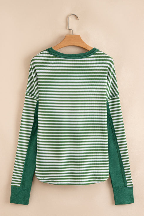 Ribbed Thermal Stripe Drop Shoulder Exposed Seam Patchwork Long Sleeve Top